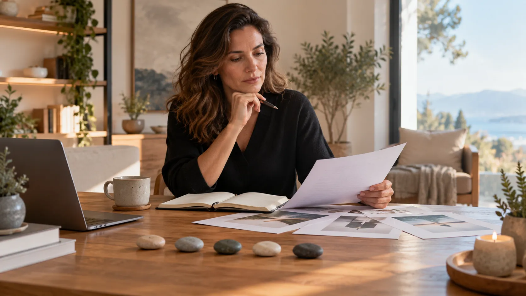 A woman sits at a home-office desk reviewing printed pages, pen in hand, with a laptop, journal and five smooth stones lined up in front of her.