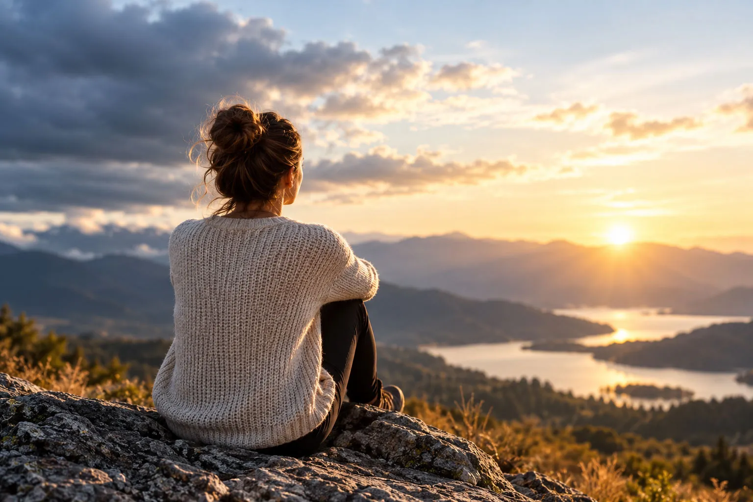 A woman sits alone on a rocky summit at sunset, looking out over mountains and a distant lake.