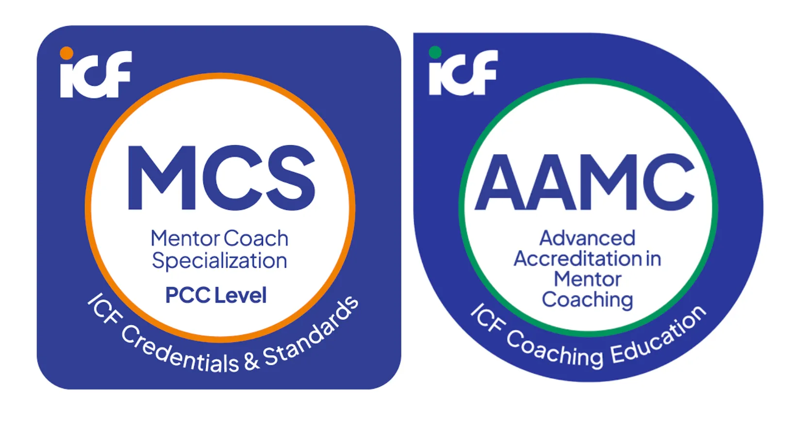 Two ICF badges side by side: Mentor Coach Specialization (MCS), PCC Level, and Advanced Accreditation in Mentor Coaching (AAMC).